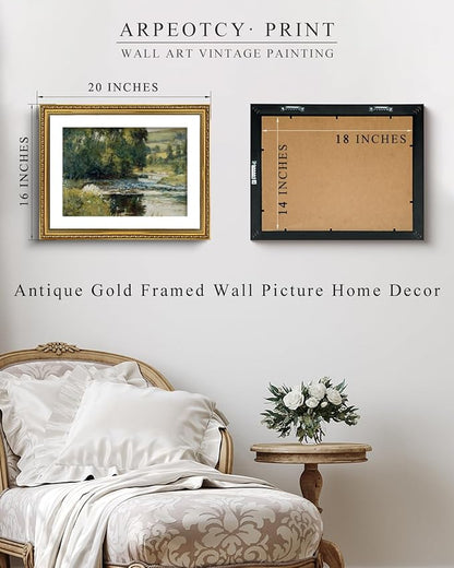 ARPEOTCY Vintage Gold Framed Large Wall Art, Nature Streamside Retro Paintings, Canvas Prints Artwork with Antique Frame, Victorian Wall Pictures Decor for Living Room Gallery Room 16x20 inch