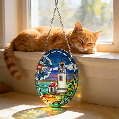 Lighthouse Garden Suncatcher for Window, Elliptic Stained Glass Window Hanging Memorial Gift Stained Glass Birthday Gift for Mom Sun Catchers Window Home Garden Christmas Party Wedding Decor (G)