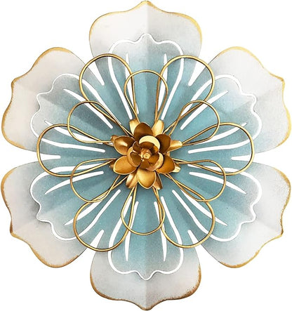 Metal Flower Wall Art Decor, 8.3''Rustic Modern Floral Sculpture, Distressed Iron Wall Hanging Home Decoration Accent Artworks for Indoor Kitchen Bedroom Living Office Outdoor Garden Patio-06 Blue Gold