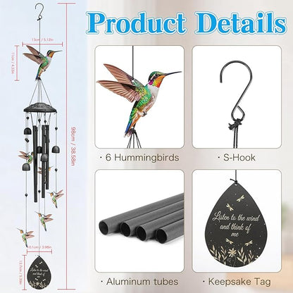 Hummingbird Wind Chimes Outdoor Durable Black Metal Windchimes Garden Patio Decor Hummingbirds Gifts for Women/Men, Garden/Yard Decor, Memorial/Birthday Gifts for Grandma/Mom, Birds Chimes for Outside