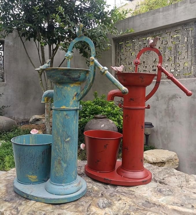 Vintage Garden Water Pump Decor, Rustic Wrought Iron Bird Bath, Red, Blue, White, Rust, Outdoor Yard Decor, Height 22 Inches (Blue)