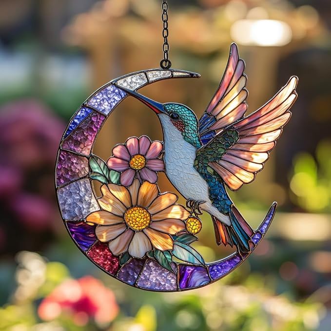 Floral Hummingbird Acrylic Suncatcher Stained Glass Effect Window Car Hanging Christmas Ornament Indoor Outdoor Decor Garden Sun Catcher Panel for Hummingbird Lover for Women Mom Grandma
