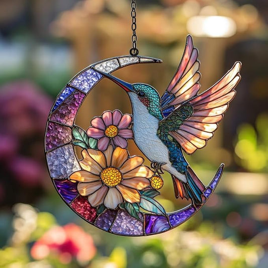 Floral Hummingbird Acrylic Suncatcher Stained Glass Effect Window Car Hanging Christmas Ornament Indoor Outdoor Decor Garden Sun Catcher Panel for Hummingbird Lover for Women Mom Grandma