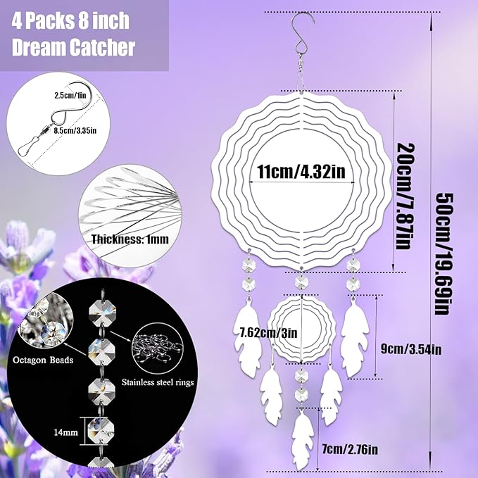 4Pack 8inch Sublimation Wind Spinner Blanks 3D Aluminum Metal Wind Sculpture Kinetic Spinners for Yard and Garden Indoor Art Ornaments Hanging Decoration (Dream Catcher)