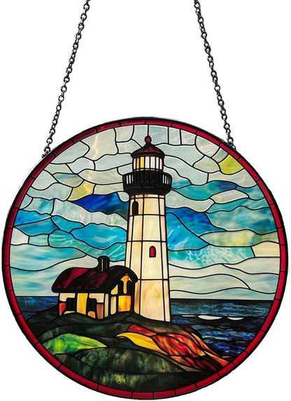 Ocean Lighthouse Stained Glass Window Hanging, 7.8" Hand-Painted Sun Catcher Glass Panel Wall Art Decor with Chain, Lighthouse Gifts for Women Mom Grandma, Outdoor Indoor Art Decor for Home Garden