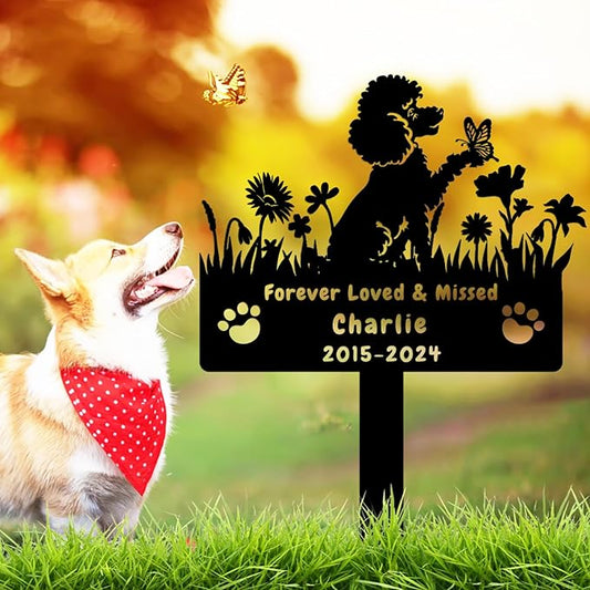 Custom Poodle Dog Memorial Grave Marker,Personalized Metal Flora Dog Memorial Stake,Dog Memorial Plaque Burial Stake Engraved Sign,Sympathy Grave Stake for Lost Dog,Dog Headstone