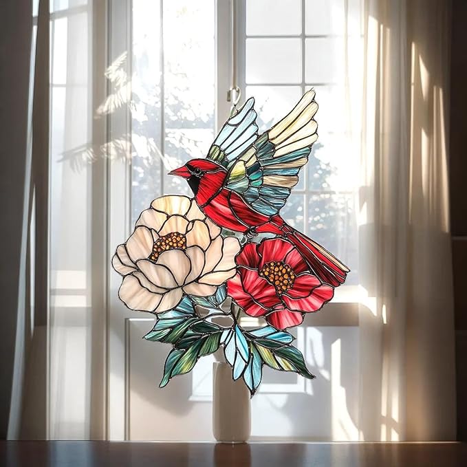 Red Cardinal and Poppy Flower Acrylic Suncatcher Hanging Christmas Ornament Stained Glass Effect Window Car Indoor Outdoor Decor Garden Sun Catcher Gifts Nature Lover Decorations for Women Mom Grandma