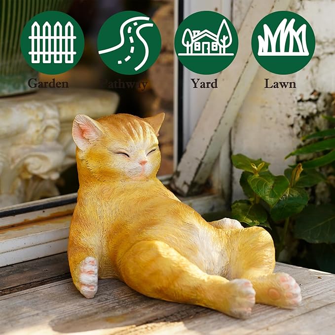 Sleeping Orange Cat Statue Outdoor Garden Decor, Realistic Resin Garden Cat Figurine, Indoor/Outdoor Decor, Heartwarming Memorial Gift for Cat Lovers, Lifelike Feline Sculpture for Patio & Yard