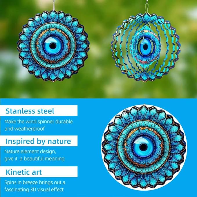 Metal Wind Spinners Outdoor Hanging Wind Spinner for Yard and Garden Decor for Outside,12In 3D Stainless Steel Evil Eye Wind Chime Christmas of Gifts for Women Mom