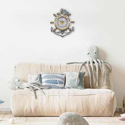 Anchor Outdoor Clock, Nautical Ship Wheel Rudder Wall Clock, Beach Sea Style Decorative Clock for Patio, Pool, Porch (Vintage Silver + Bronze)