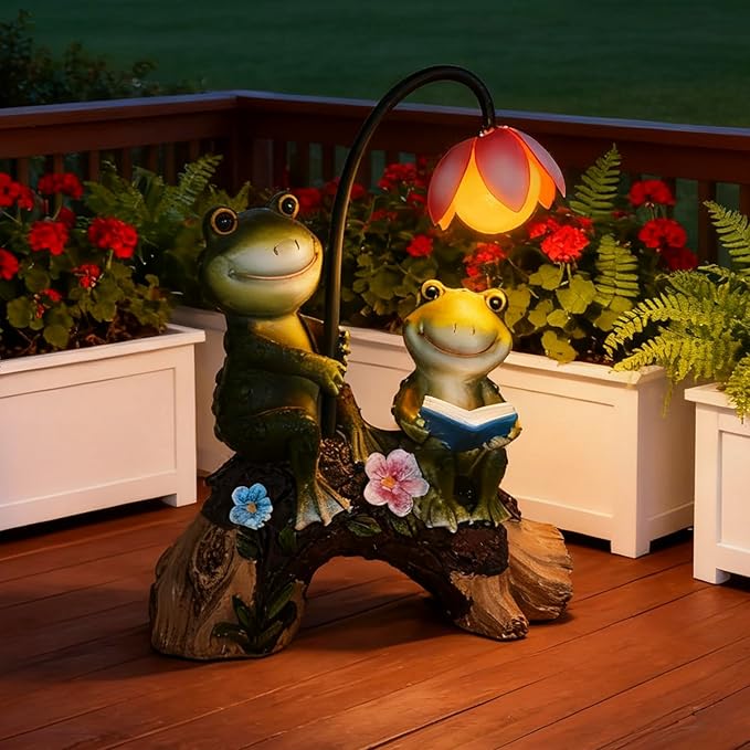 Solar Powered Frog Garden Statue with Flower Lamp, Resin Frog Figurine Set with Reading Frog, Outdoor Decor for Patio, Lawn, Yard, Unique Gift for Frog and Garden Enthusiasts(Green)