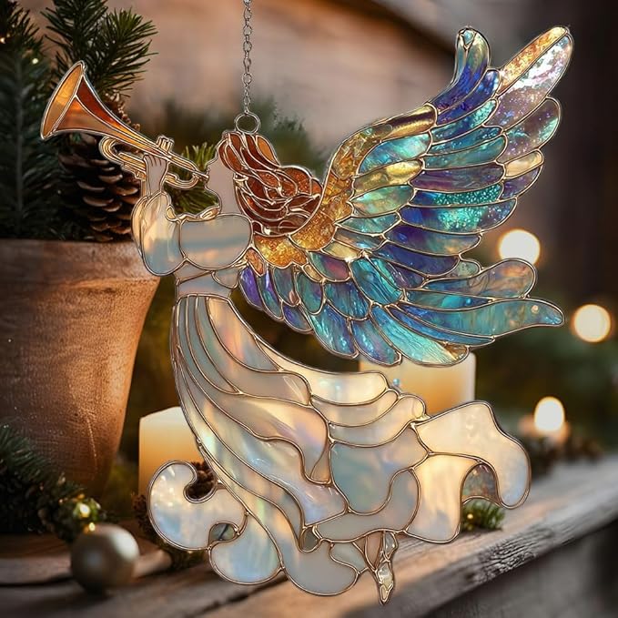 Whistle Angel Mosaic Style Tiffany Effect Acrylic Suncatcher Stained Glass Effect Window Car Hanging Christmas Ornament Indoor Outdoor Decor Garden Sun Catcher Panel for Women Mom Grandma