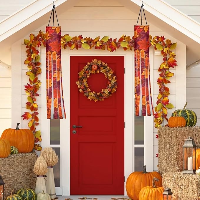 Fall Red Maple Leaf Windsock Flag, Lightweight Durable Fabric Outdoor Hanging Decor for Patio Lawn Garden Tree Party, Autumn Thanksgiving Decoration