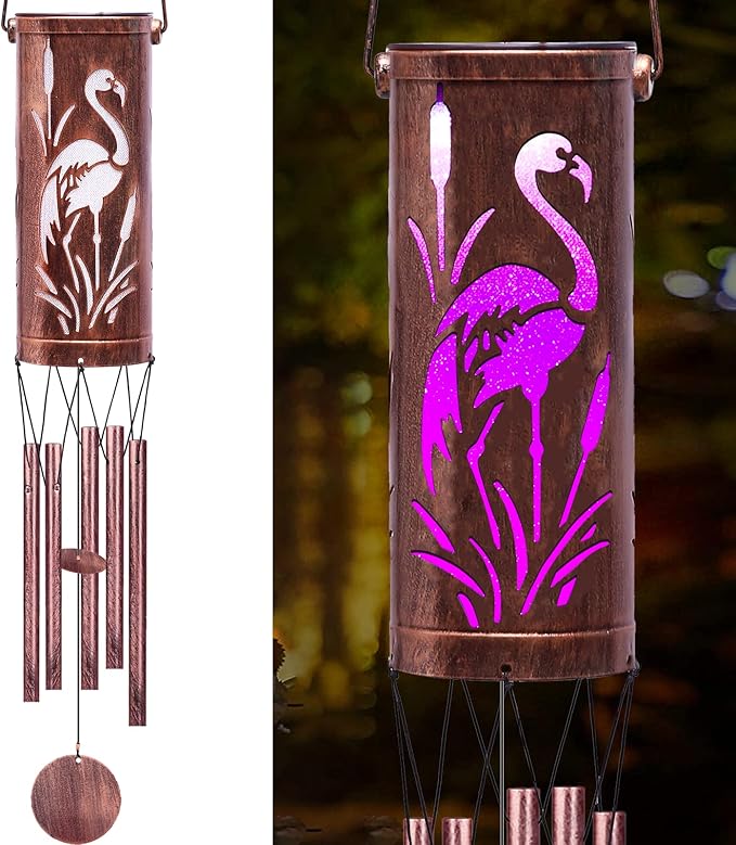 FSVGYY Solar Wind Chimes Hanging Lights Outdoor Metal Wind Chimes Memorial Wind Chime for Garden/Patio Decor Gifts for Women, Grandma, Mom (30" Metal Chimes/Flamingo)