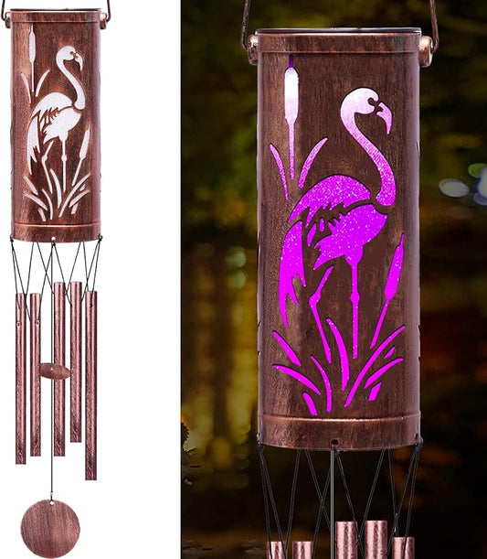 FSVGYY Solar Wind Chimes Hanging Lights Outdoor Metal Wind Chimes Memorial Wind Chime for Garden/Patio Decor Gifts for Women, Grandma, Mom (30" Metal Chimes/Flamingo)