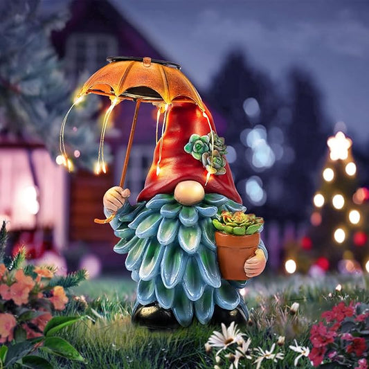 Solar Outdoor Statues Gnome Garden Decor, Garden Gnome with Solar LED Umbrella Decorative for Patio, Balcony, Lawn, Yard Ornament - Christmas Gardening Gifts for Mom Grandma