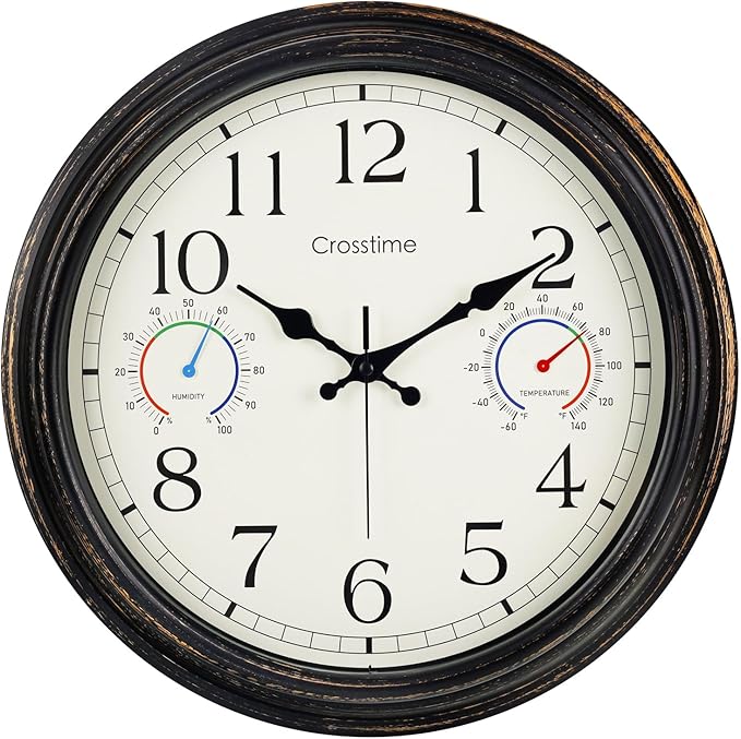 Crosstime 16 Inch Outdoor Clock Waterproof with Thermometer and Hygrometer Combo, Retro Indoor Outdoor Wall Clocks for Patio, Pool, Garden, Backyard Decor- Bronze