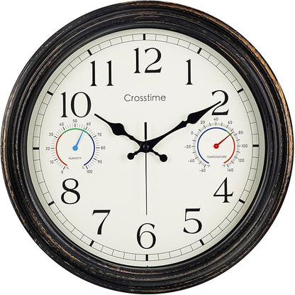 Crosstime 16 Inch Outdoor Clock Waterproof with Thermometer and Hygrometer Combo, Retro Indoor Outdoor Wall Clocks for Patio, Pool, Garden, Backyard Decor- Bronze