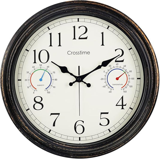 Crosstime 16 Inch Outdoor Clock Waterproof with Thermometer and Hygrometer Combo, Retro Indoor Outdoor Wall Clocks for Patio, Pool, Garden, Backyard Decor- Bronze