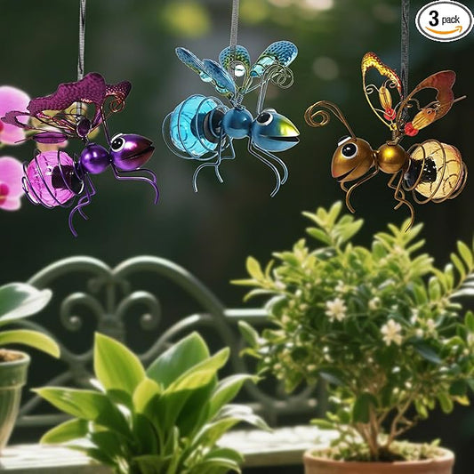3 Pcs Waterproof Solar Hanging Bee Lights, Metal Bumblebee Figurine LED, Outdoor Garden Balcony Porch Spring Holiday Party Decoration