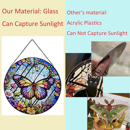 Butterfly Stained Glass Window Hanging,20cm/7.87inch Hand-Painted Sun Catcher Garden Hangings for Doors Home Christmas Mother's Day, Valentine's Day Ornaments Festival Gift (A Style)
