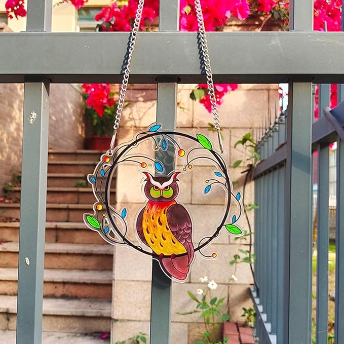 Zayookey Painted Owls Window Hanging Decor Stained Acrylic Bird Suncatcher Panel with Metal Chain for Wall Home Garden Ornament Gift