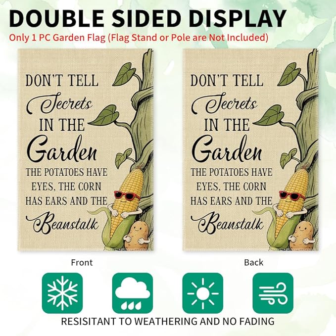 Don’t Tell Secrets In The Garden Flag, Double Sided Farmhouse Outdoor Lawn Yard Flag Gifts, Gardening Flags For Plant Mom Lover Lady Gardener, Funny Potatoe Corn Garden Banner for Grandma