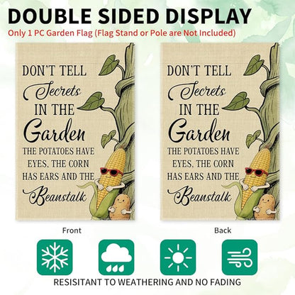 Don’t Tell Secrets In The Garden Flag, Double Sided Farmhouse Outdoor Lawn Yard Flag Gifts, Gardening Flags For Plant Mom Lover Lady Gardener, Funny Potatoe Corn Garden Banner for Grandma