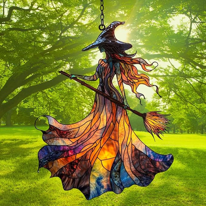 Halloween Witch Acrylic Suncatcher Stained Glass Effect Window Car Hanging Christmas Ornament Indoor Outdoor Decor Garden Sun Catcher Panel for Halloween Lover for Women Mom Grandma