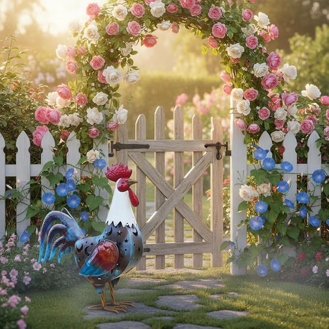 LIFFY Metal Rooster Yard Decor,18" Rooster Outdoor Decor with Solar Lights,Chicken Home Decorative Ornaments,Garden Statues for Outside Patio Backyard Landscape Lawn