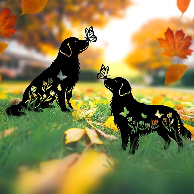 Golden Retriever Metal Decorative Garden Stakes for Memorial Yard Art, Lawn Ornaments,Outside, Patio, Outdoor Decor, Garden Decorations 2 PCS