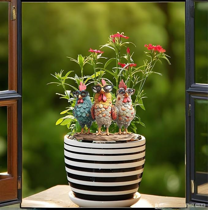Garden Stake Decor, Acrylic 2D Flat Cute Animal Statue, Fairy Sculptures Ornament Indoor Outdoor Yard Lawn Pot Plant Decorative Accessories (Three Roosters Wearing Glasses)
