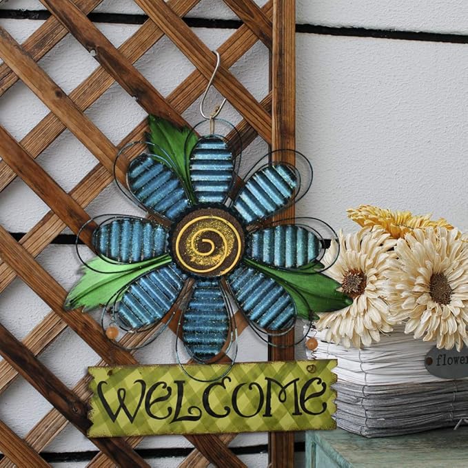 Hanging Welcome Sign Metal Flower Signs Wreath Decor Decorative Door Hanger Indoor Outdoor Spring Decoration for Porch Wall Front Door (Blue)