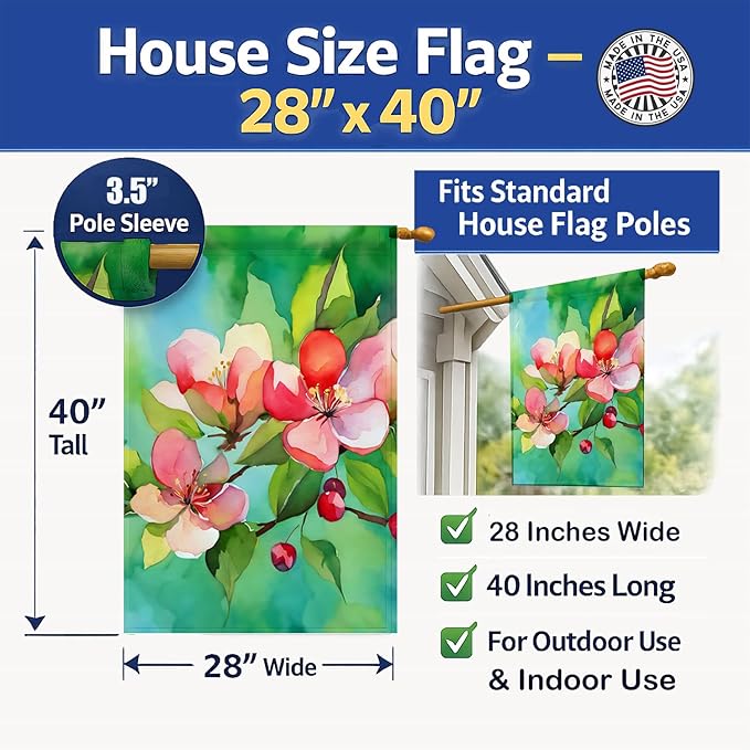 Caroline's Treasures Arkansas Apple Blossom in Watercolor House Flag Large Porch Sleeve Pole Decorative Outside Yard Banner Artwork Wall Hanging, Polyester, House Size, Multicolor