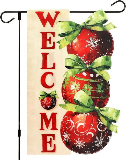 Christmas Garden Flags 12x18 Inch Double Sided, Xmas Ball Ornament Welcome Yard Flag for Outside, Winter Seasonal Outdoor Decoration Farmhouse Front Porch Holiday Decor