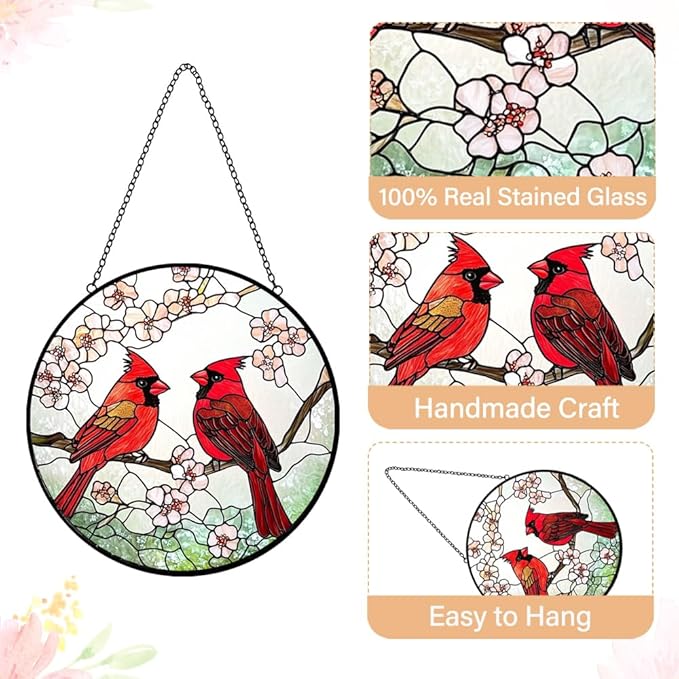 Cardinal Stained Glass Window Suncatcher Hanging - Red Birds Sun Catchers Handmade Cardinal Suncatchers for Home Garden Decor Panel - Memorial Sun Catcher Mother's Day Birthday Gifts for Mom Grandma