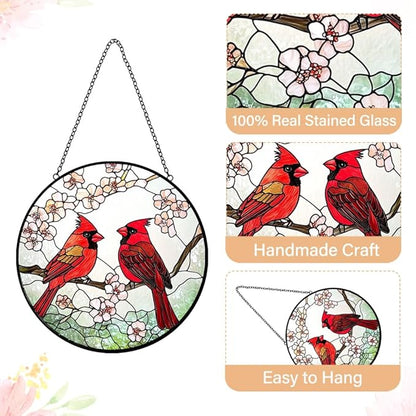 Cardinal Stained Glass Window Suncatcher Hanging - Red Birds Sun Catchers Handmade Cardinal Suncatchers for Home Garden Decor Panel - Memorial Sun Catcher Mother's Day Birthday Gifts for Mom Grandma