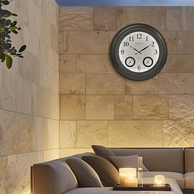 Presentime & Co 24" Jameson Illuminated in/Outdoor Clock, Modern Farmhouse, Self-Illuminated, Waterproof, Weather Station (Thermometer & Hygrometer), Metal Clock, Morning Silver. (Night Light)