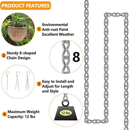 236 Inch Hanging Chain, Silver Metal Chains for Hanging Plants, 12× S Hooks, 12× Buckles, 12× Rings, 24×Screw Hooks for Bird Feeder, Planter, Lantern and Wind Chimes (Silver)