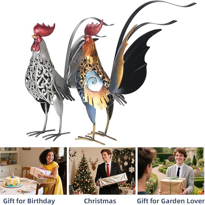 18" Metal Roosters Garden Statues Outdoor Decor - Carved Iron Rooster Yard Art for Patio, Lawn, Backyard, Farmhouse - Chicken Lover Gifts-Set of 2