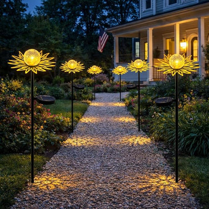 Solar Garden Lights Outdoor Decor, Metal Flower Stake Light with Warm White Crackle Glass Globe, Waterproof Decorative Solar Yard Art for Patio Lawn Backyard Pathway, Gardening Gift, Gold