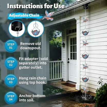 9.2ft Rain Chains for Gutters Outside,Rain Catcher Chain with 6 Lotus Rain Metal Cups & 7 Hummingbird Decor,Adjustable Rain Catcher Chain Replacement Downspout for Gutters,Drainage & Eaves