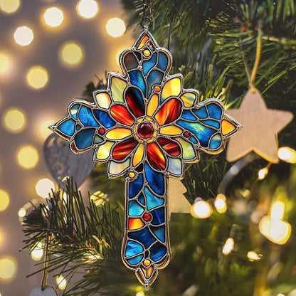 Mosaic Style Cross Acrylic Suncatcher Stained Glass Effect Window Car Hanging Christmas Ornament Indoor Outdoor Decor Garden Memorial Sun Catcher for Family Christmas Jesus Gift for Women Mom Grandma