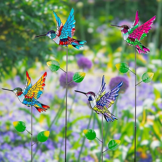 Decorative Garden Stakes,4 Pack Hummingbird Garden Decor for Outside,Metal Yard Art Spring Decor for Outdoor Porch Lawn Pathway