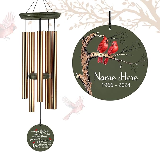 Personalized Memorial Wind Chimes, 36inch Cardinal Sympathy Wind Chimes, in Memory for Loss of Loved Dad/Mom/Ones, Bereavement Gifts, Deep Tone Wind Chime Outdoor (Produced in USA)
