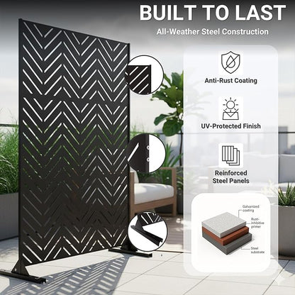 Metal Privacy Screen Outdoor – 6FT Freestanding Decorative Steel Panel with Stand, Laser-Cut Chevron Pattern Modern Privacy Divider, Rustproof & Weather-Resistant Screen for Patio, Garden & Backyard