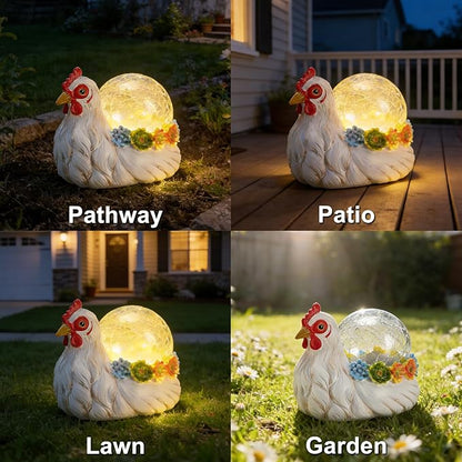 Solar Hen Garden Statue Lights for Outdoor Decor with Cracked Glass LED Ball Figurine Lighting Resin Succulent White Chicken Decorations for Patio Lawn Yard Valentine Gifts for Mom Wowen