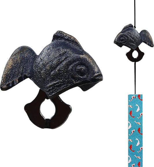 Japanese Wind Chime Cast-Iron Outdoor Ornament for Garden, Patio & Balcony, Hanging Metal Wind-Bell Decoration Gift, Blessing Pendant Windchimes & PVC Wind-Catcher, Goldfish - Blue