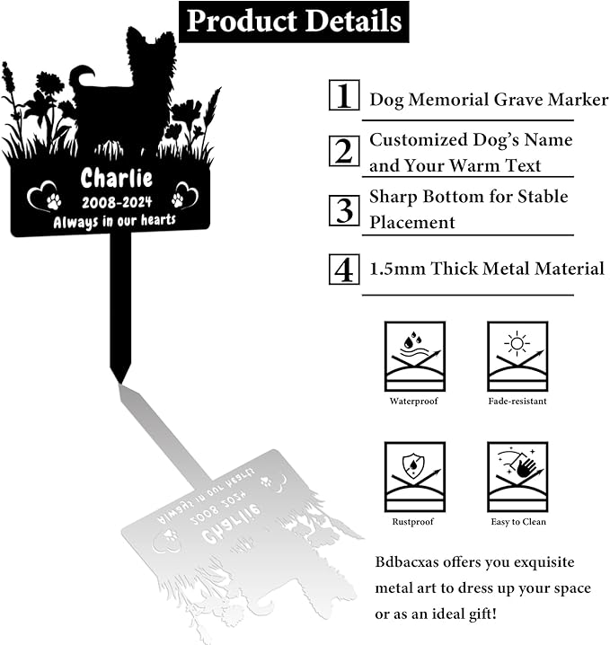 Personalized Yorkshire Terrier Dog Memorial Grave Marker,Custom Flora Dog Memorial Garden Stake,Dog Memorial Plaque Burial Stake Engraved Sign,Dog Sympathy Grave Stake,Dog Memorial Statue Yorkshire2