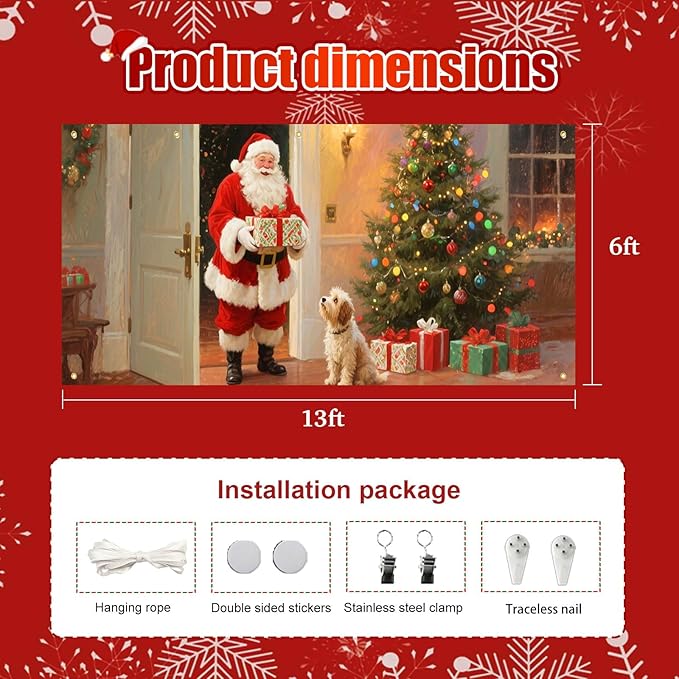 HOMETITUTE 13x6ft Christmas Garage Door Banner Santa with Dog Scene, Red Green Warm Light Backdrop Outdoor Indoor Xmas Wall Background Decor for Winter Holiday Porch Yard Seasonal Display